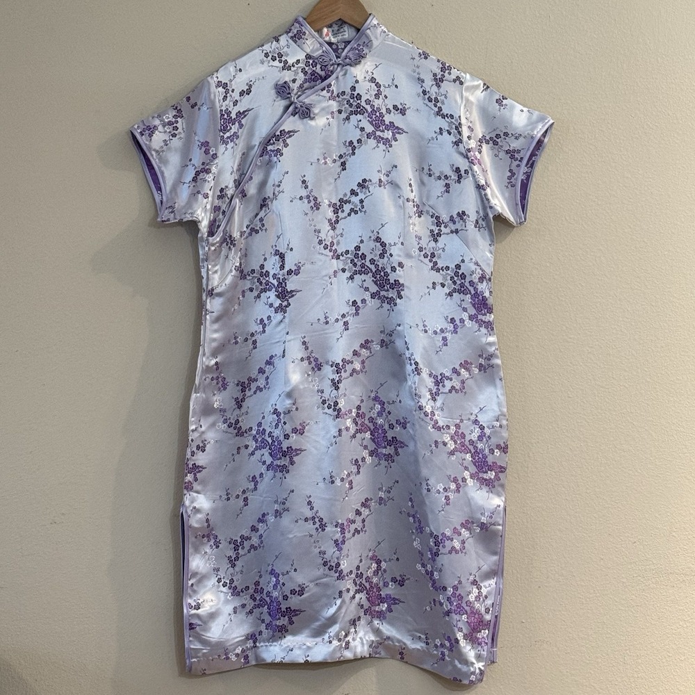Laogudai Qipao Cheongsam Dress Lavender Floral Satin Chinese Size 48